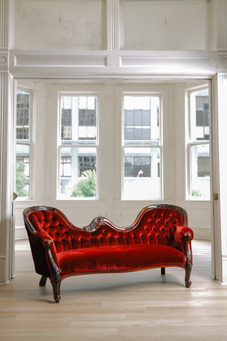 Victorian-style Red Velvet Wood Frame Sofa